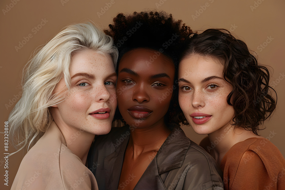 Fototapeta premium A closeup capture of a diverse group, without makeup, displaying natural skin with realistic tones, spots, freckles, and wrinkles, facing away from the camera in a plain studio environment