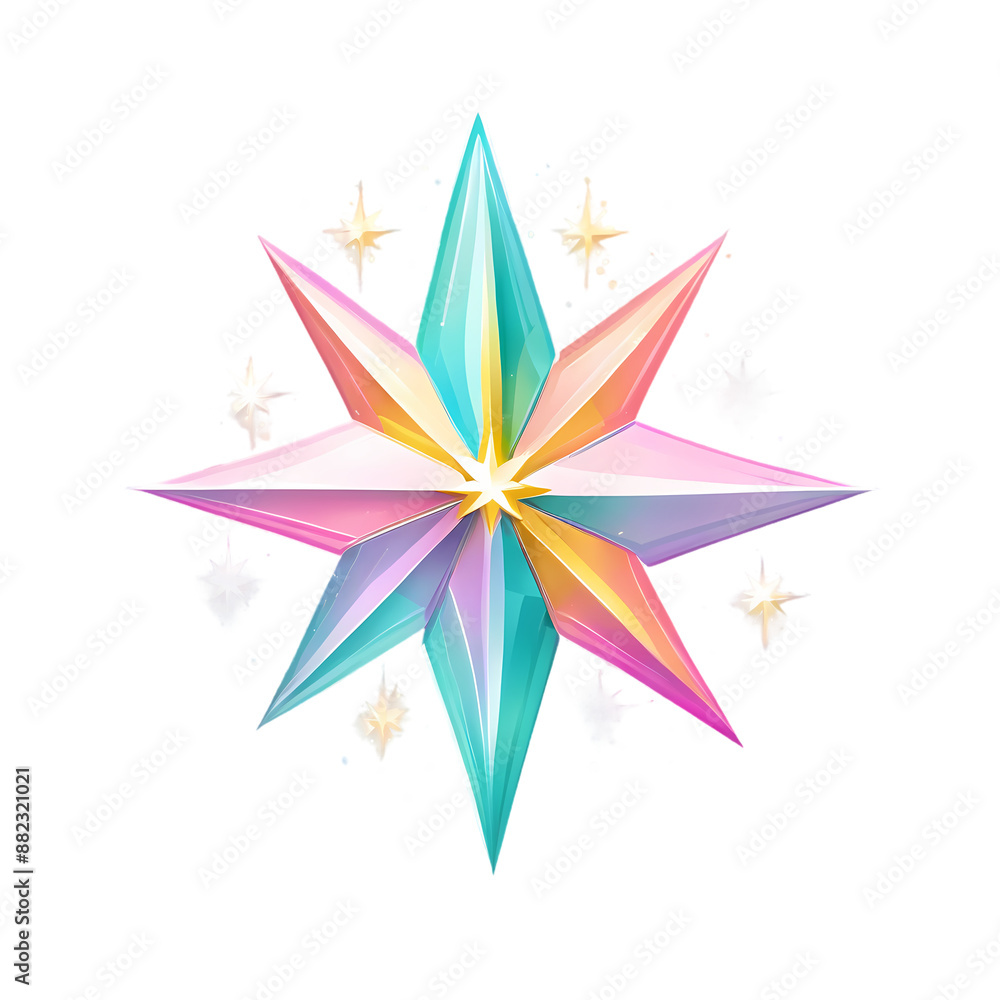 Fototapeta premium Bright, colorful, geometric star with radiant light effects and sparkling accents, suitable for decoration or design. Isolated on PNGs transparent background.