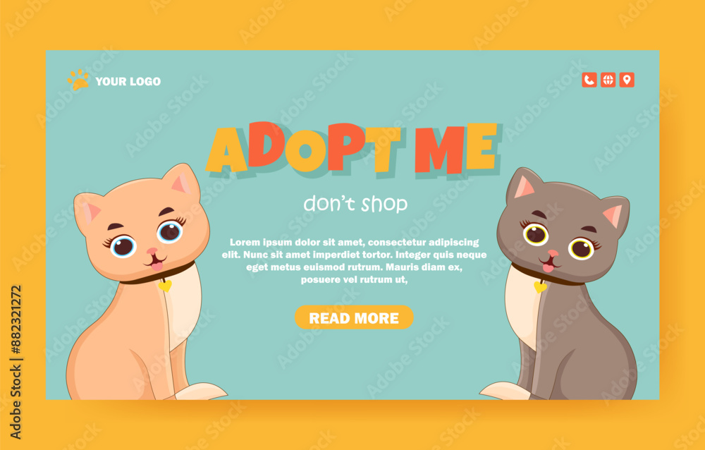 Obraz premium Adopt a pet horizontal web banner template with cat.Design for shelter and veterinary clinic. Web page. Vector illustration