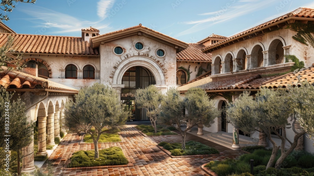 Obraz premium An opulent Mediterranean-style villa with terracotta roofs, arched doorways, and a courtyard filled with olive trees.