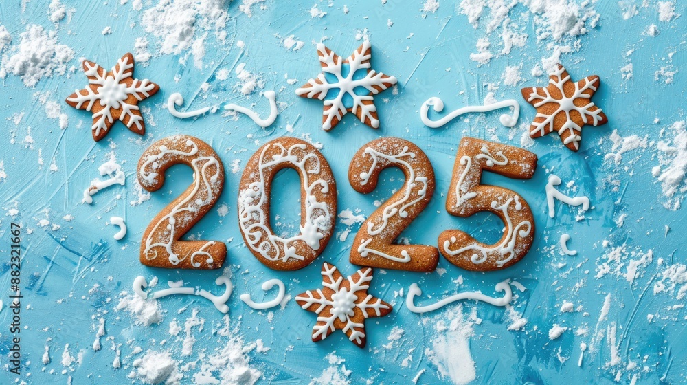 Numbers 2025 crafted from gingerbread cookies on a bright New Year background Number 2025, New Year, Christmas Numbers 2025 crafted from gingerbread cookies on a bright New Year background Number 2025, New Year, Christmas