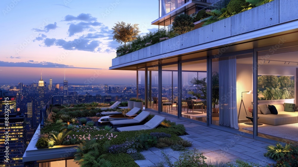 An opulent penthouse with floor-to-ceiling windows, a rooftop garden, and a panoramic view of the city at dusk. An opulent penthouse with floor-to-ceiling windows, a rooftop garden, and a panoramic view of the city at dusk.