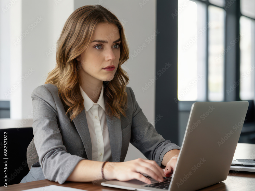 A Young White Cute Businnes Woman Working at a Desk in a Bright Office A Young White Cute Businnes Woman Working at a Desk in a Bright Office