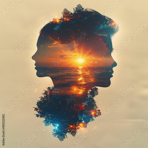 Bliss and Abyss: The Extremes of Existence - A double exposure of a womans face and a sunset