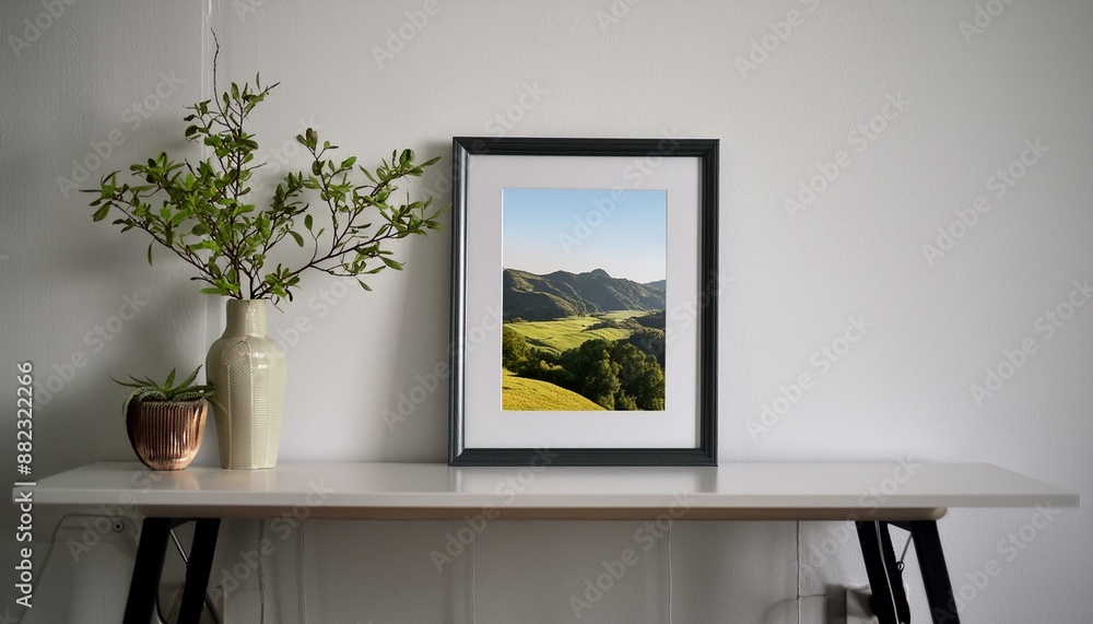 A picture on a table leaning on the white wall. Generative AI A picture on a table leaning on the white wall. Generative AI