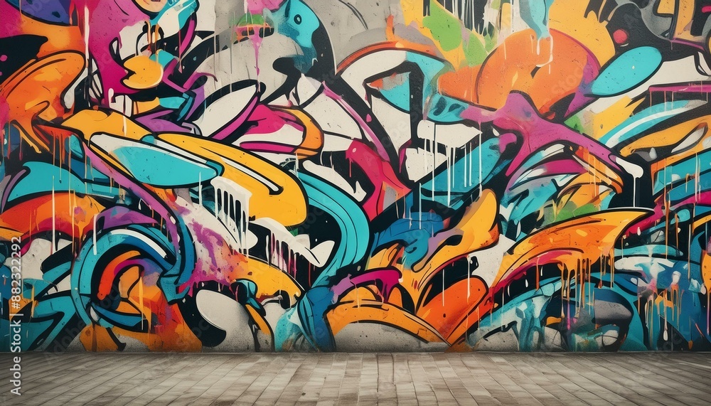 Obraz premium A vibrant, seamless pattern of colorful graffiti art layered on a weathered concrete wall, showcasing urban street art. 