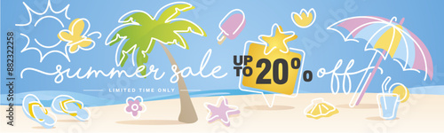 Summer Sale up to 20 percent off. Handwritten typography. Line design with colorful summer elements on the beach background.ai