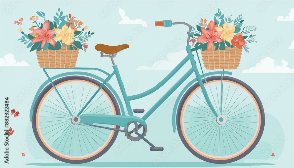 Fototapeta premium Beautiful vintage bicycle with flowers in baskets 