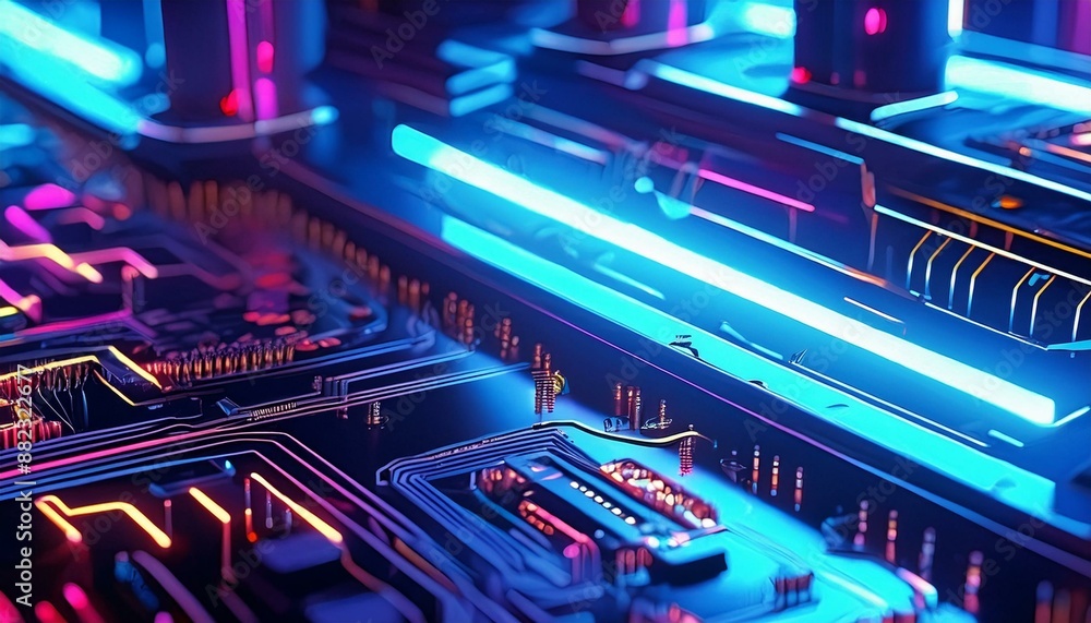 close up of a microchip circuit interior of a computer with neon lights in detail, circuit board. close up of a microchip circuit interior of a computer with neon lights in detail, circuit board.