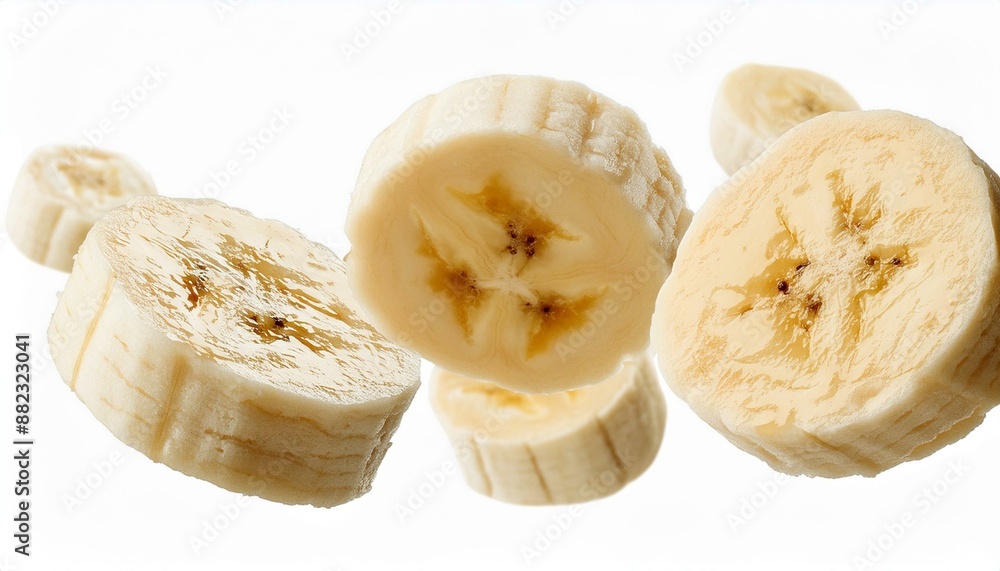 Flying banana slices, isolated on white background Flying banana slices, isolated on white background