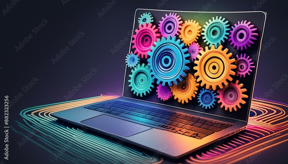 Fototapeta premium Generative AI illustration of opened blank laptop with intersecting colorful gears over screen and on dark background 
