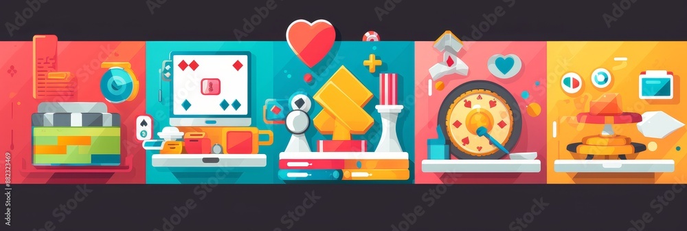 Online Casino Games Illustration - Colorful flat illustration of different online casino games like poker, roulette, slot machine, and more. Perfect for promoting online casinos or gambling related se Online Casino Games Illustration - Colorful flat illustration of different online casino games like poker, roulette, slot machine, and more. Perfect for promoting online casinos or gambling related se