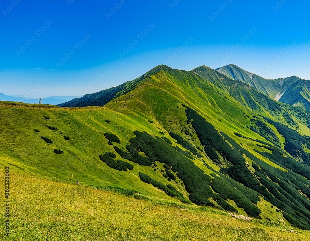 Fototapeta premium Mountainous ridges with green terrains and blue sky 