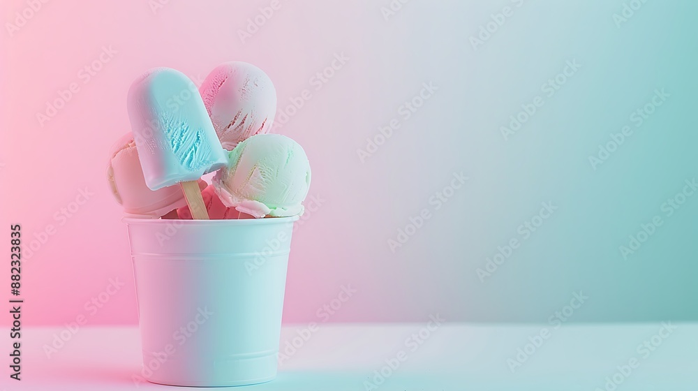 Ice popsicle ice cream in the bucket on pink and cyan background Ice popsicle ice cream in the bucket on pink and cyan background