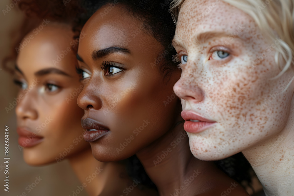 A closeup shot of a female diverse group, makeup-free, facing away from the camera, showcasing natural skin with realistic tones, spots, freckles, and wrinkles against a plain background A closeup shot of a female diverse group, makeup-free, facing away from the camera, showcasing natural skin with realistic tones, spots, freckles, and wrinkles against a plain background