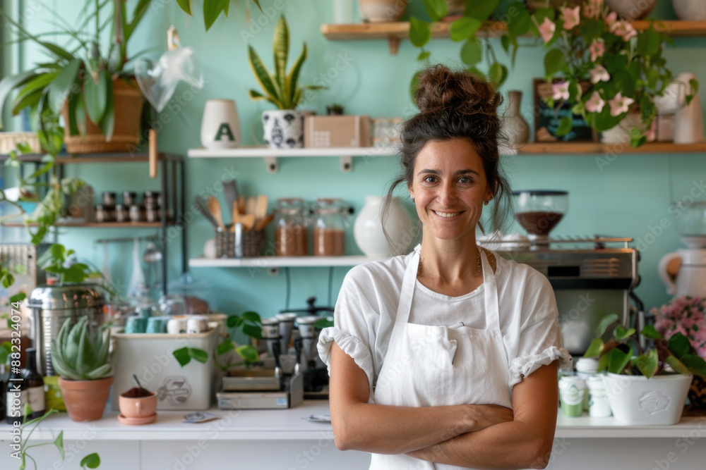 Proud coffee shop owner standing in front of her cozy café, confident entrepreneur, small business owner Proud coffee shop owner standing in front of her cozy café, confident entrepreneur, small business owner