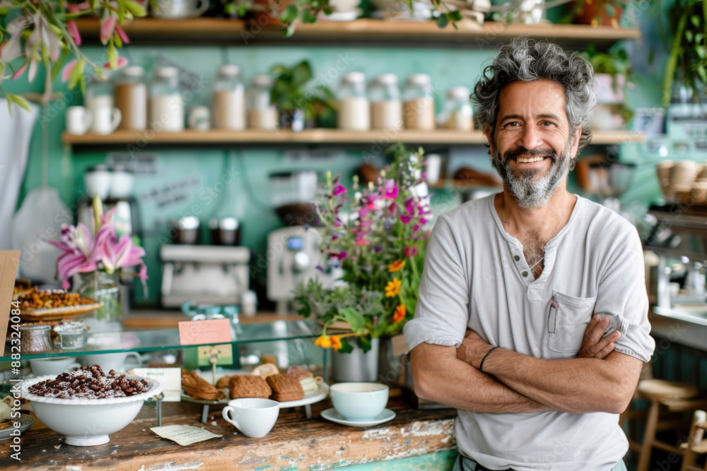 Proud coffee shop owner standing in front of his cozy café, confident entrepreneur, small business owner Proud coffee shop owner standing in front of his cozy café, confident entrepreneur, small business owner