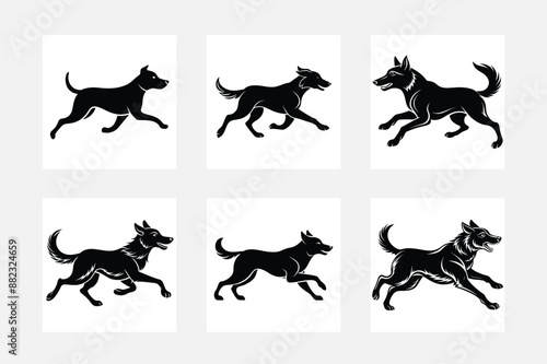 Dog German Shepherd jumping silhouette High quality Breeds Bundle Dogs on the move. Dogs in different poses. jumps, runs. dog is sitting