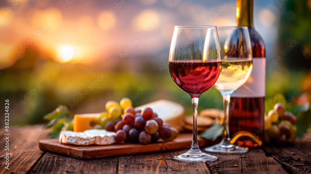 Wine, charcuterie and cheese served on rustic table on vineyard Wine, charcuterie and cheese served on rustic table on vineyard