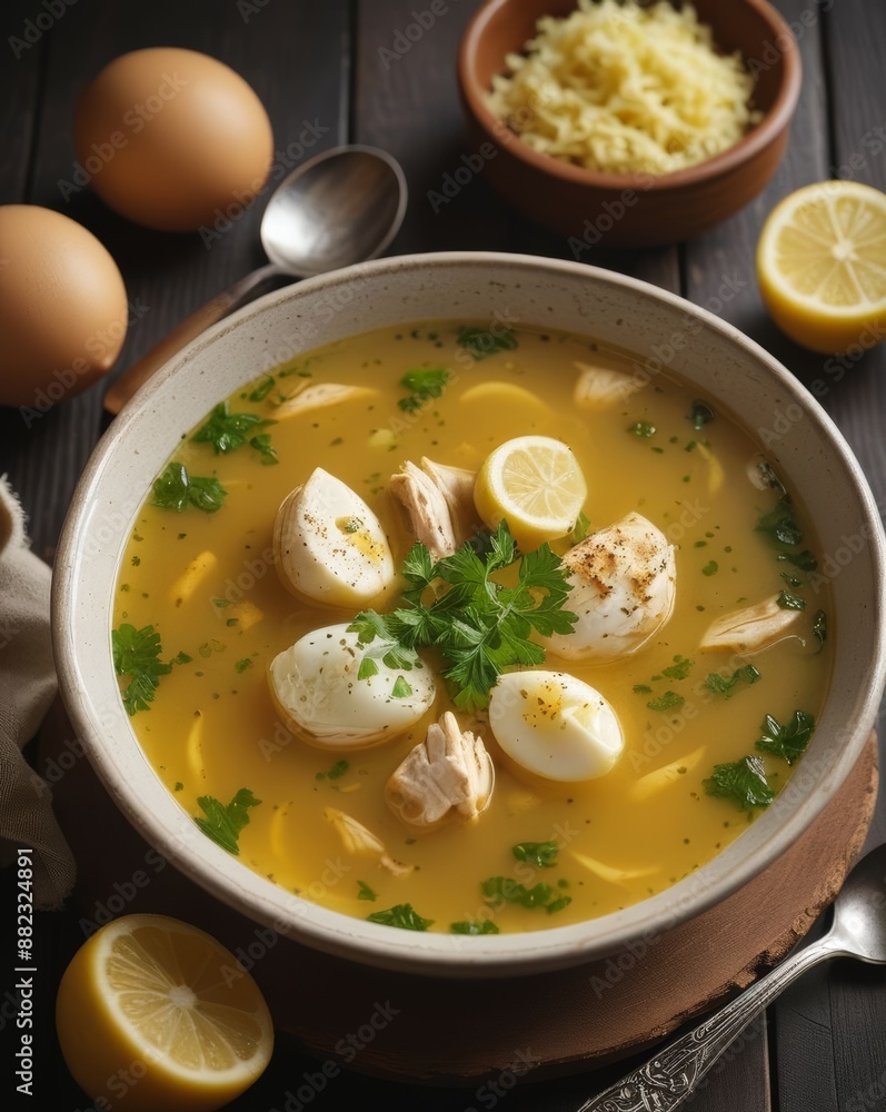 Food photography of Chikhirtma, a Georgian chicken soup thickened with eggs and lemon juice, beautifully garnished with herbs and served in a decorative bowl. Food photography of Chikhirtma, a Georgian chicken soup thickened with eggs and lemon juice, beautifully garnished with herbs and served in a decorative bowl.