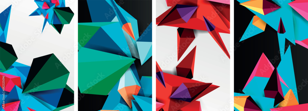 Set of triangle geometric low poly 3d shapes posters