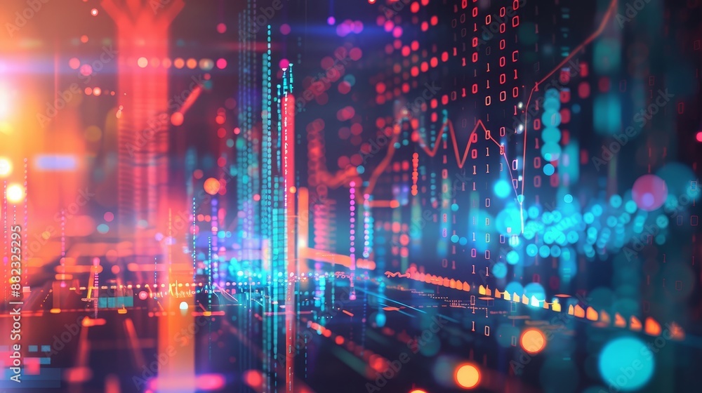 Fototapeta premium Abstract Digital Data Visualization with Colorful Lines and Bokeh Lights - Abstract digital data visualization with colorful lines and bokeh lights representing data, network, technology, future, tren