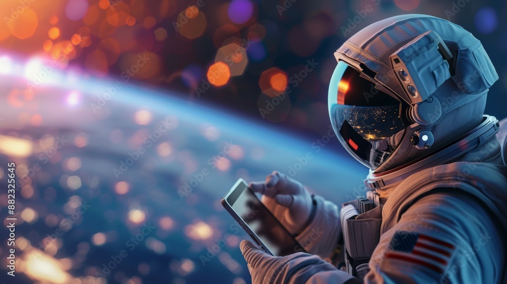 Fototapeta premium A man in a spacesuit is looking at a tablet