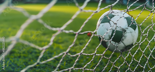 soccer ball in goal with green backgroung