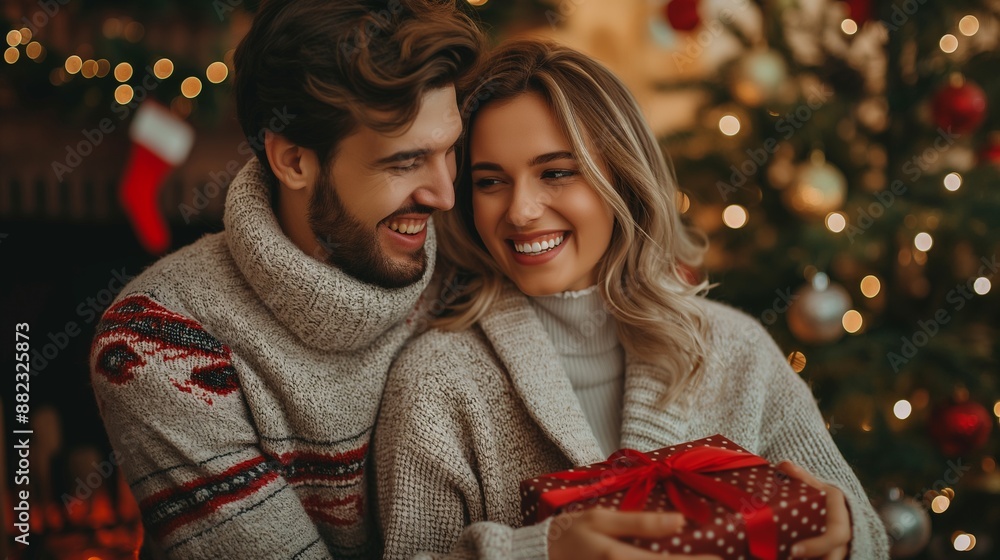 Couple give presents to each other under the mistletoe during Christmas time Couple give presents to each other under the mistletoe during Christmas time