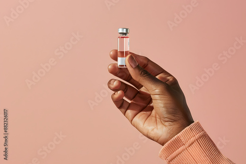 A hand holding a vial on a plain light background
