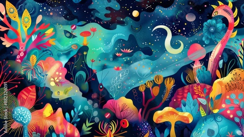 Abstract Floral Fantasy - A vibrant, colorful and abstract illustration featuring intricate floral patterns and shapes, evoking a dreamlike fantasy world. - A vibrant, colorful and abstract illustrati