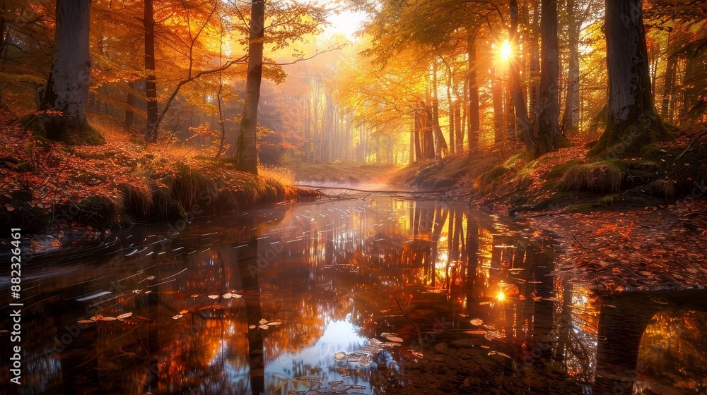 Autumnal Stream in the Misty Forest - A tranquil stream flows through a forest bathed in the warm glow of autumn. The trees are ablaze with vibrant colors, reflecting in the still water. The sun peeks Autumnal Stream in the Misty Forest - A tranquil stream flows through a forest bathed in the warm glow of autumn. The trees are ablaze with vibrant colors, reflecting in the still water. The sun peeks