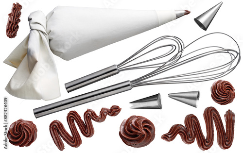 Pastrie collection of piping bag, whisk and icing swirls - Ready to use Premium PNG Cutout Isolated image photo