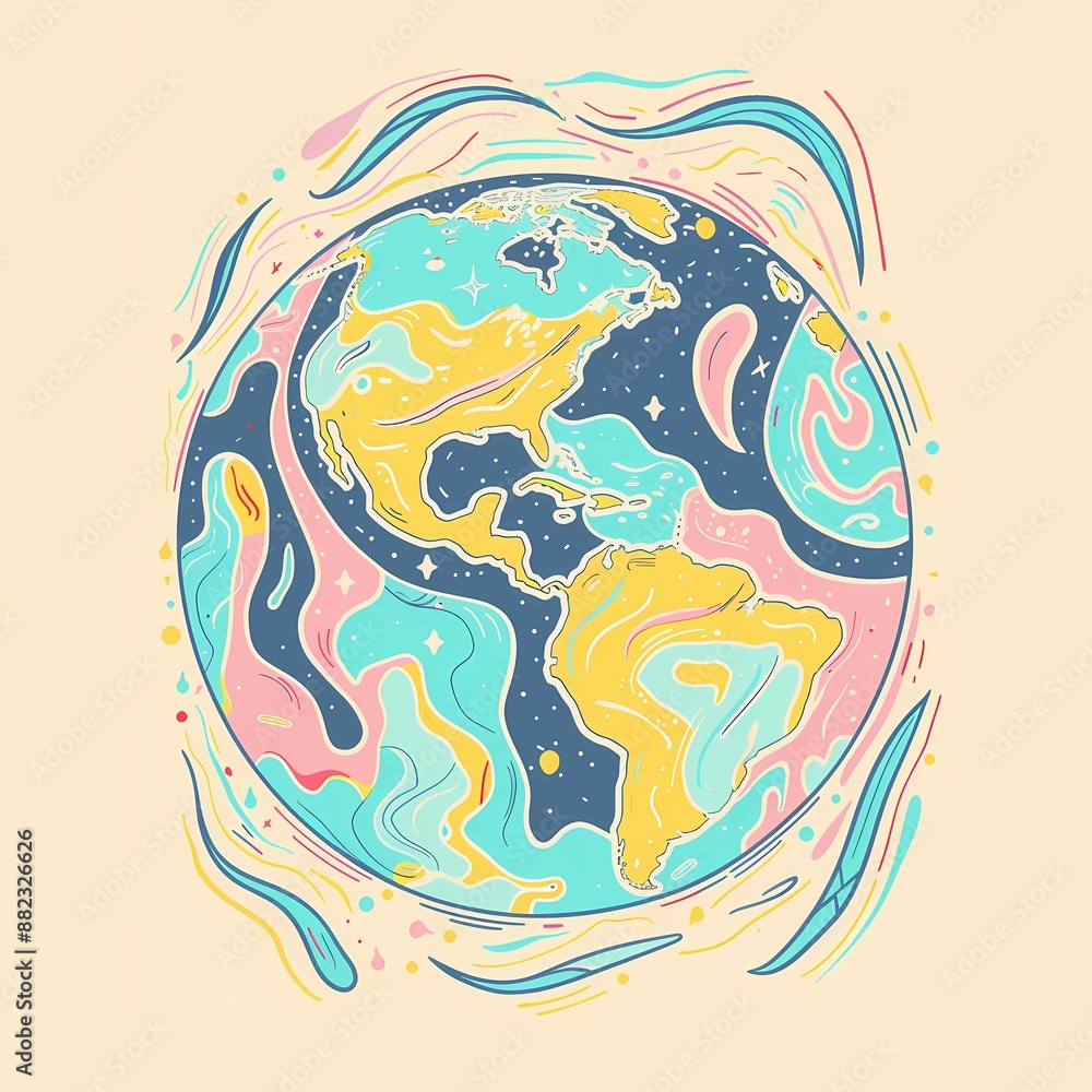 Fototapeta premium A clipart of groovy icon planet earth in pastel colors on a white background, 70s style retro design with bright primary color accents and playful shapes - A colorful planet with different continents
