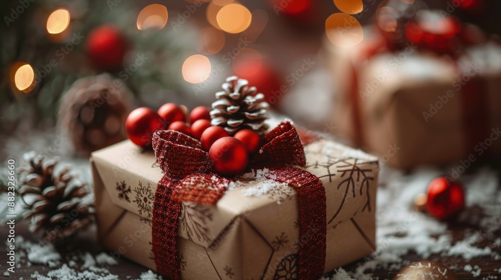 Christmas gift with red ribbon and pinecone on a festive background, perfect for holiday celebration themes and seasonal decor inspiration. Christmas gift with red ribbon and pinecone on a festive background, perfect for holiday celebration themes and seasonal decor inspiration.