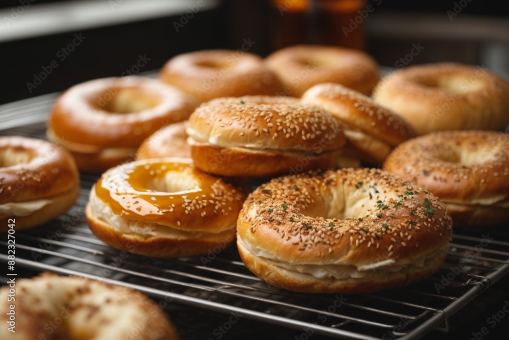 Montreal-style Bagels: Smaller, denser bagels with a slightly sweet flavor, often boiled in honey-sweetened water before baking.
Montreal-style Bagels: Smaller, denser bagels with a slightly sweet flavor, often boiled in honey-sweetened water before baking.