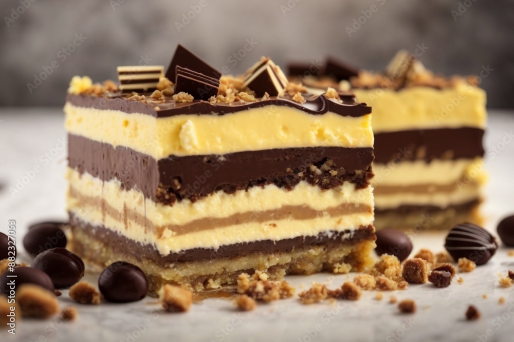 Nanaimo Bar: A layered dessert bar consisting of a crumbly base, custard-flavored middle, and a chocolate topping.
Nanaimo Bar: A layered dessert bar consisting of a crumbly base, custard-flavored middle, and a chocolate topping.