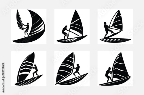 illustration of a windsurfer black and white vector set