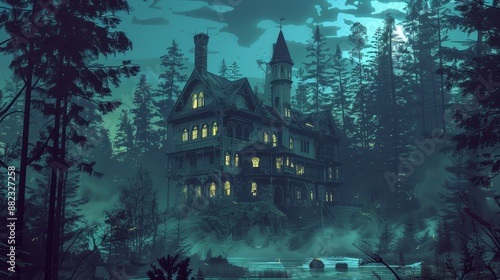 Mysterious Mansion in the Moonlight - A mysterious mansion stands tall in a dense forest, bathed in the eerie glow of the moon. The lake reflects the scene, creating a sense of solitude and mystery. - photo