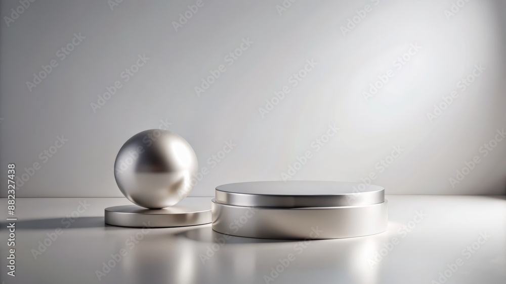 Sleek minimalist podium featuring a solitary silver ball on a spotless white stage for showcasing high-end cosmetic products elegantly. Sleek minimalist podium featuring a solitary silver ball on a spotless white stage for showcasing high-end cosmetic products elegantly.