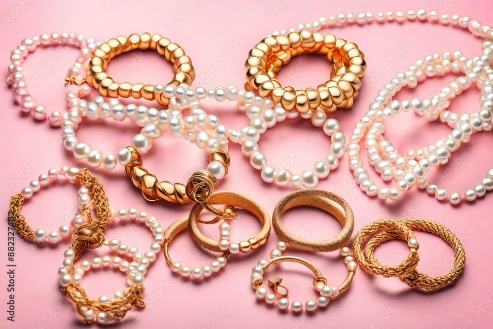 Top view of golden and pearl bracelets on pink and white background with copy space. Top view of golden and pearl bracelets on pink and white background with copy space.