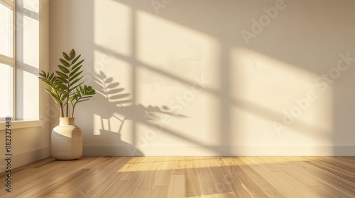 Minimalist Interior Design with Sunlight Streaming Through Window - A minimalist interior design with a single plant in a vase, sunlight streaming through the window, casting a warm glow on the wooden