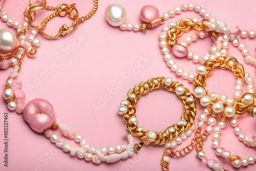 Top view of golden and pearl bracelets on pink and white background with copy space.