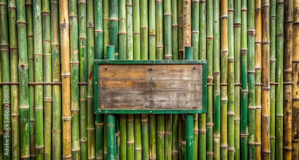 Obraz premium A weathered wooden sign hangs on a bamboo fence, offering a blank canvas for your message.