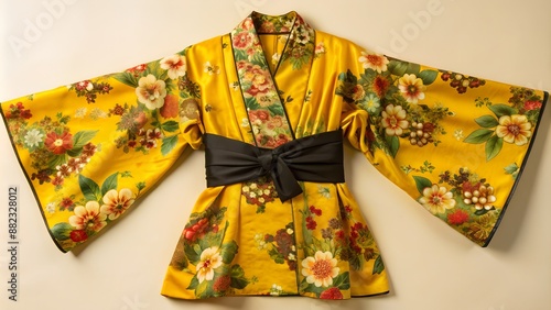 Yellow Kimono With Floral Patterns And Black Obi