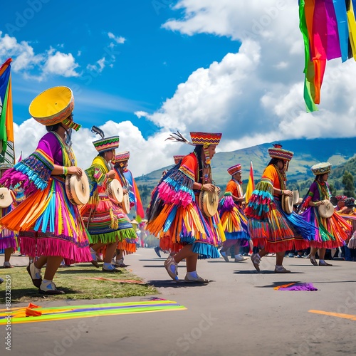 Vibrant scene of Inti Raymi festival, Otavalo, Ecuador, Cultural celebration, Traditional Andean ceremony