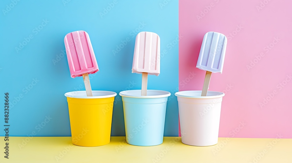 Ice popsicle ice cream in the bucket on yellow blue and pink background Ice popsicle ice cream in the bucket on yellow blue and pink background