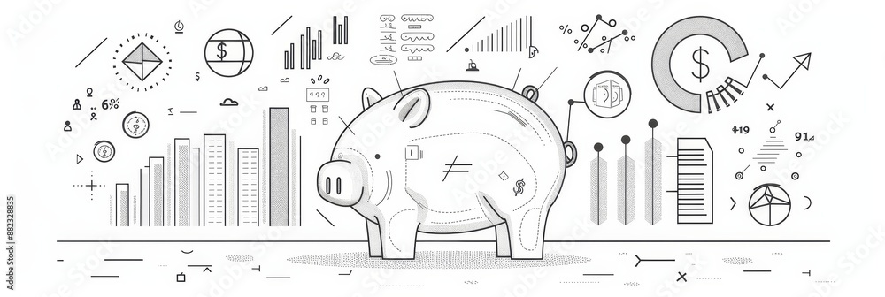 Obraz premium Financial Growth and Savings Piggy Bank Concept - A black and white illustration of a piggy bank surrounded by financial charts and graphs, representing financial growth and savings. - A black and whi