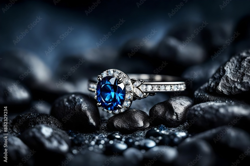 jewellery ring witht blue sapphir on dark coal background, soft focus. jewellery ring witht blue sapphir on dark coal background, soft focus.