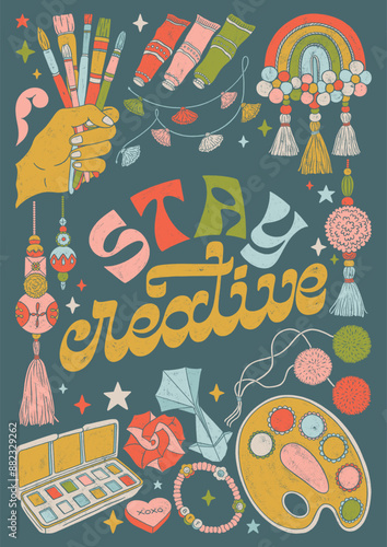 Stay creative - colorful hand written lettering with school supplies decorative elements. Vector linocut style textured illustration for school, university.